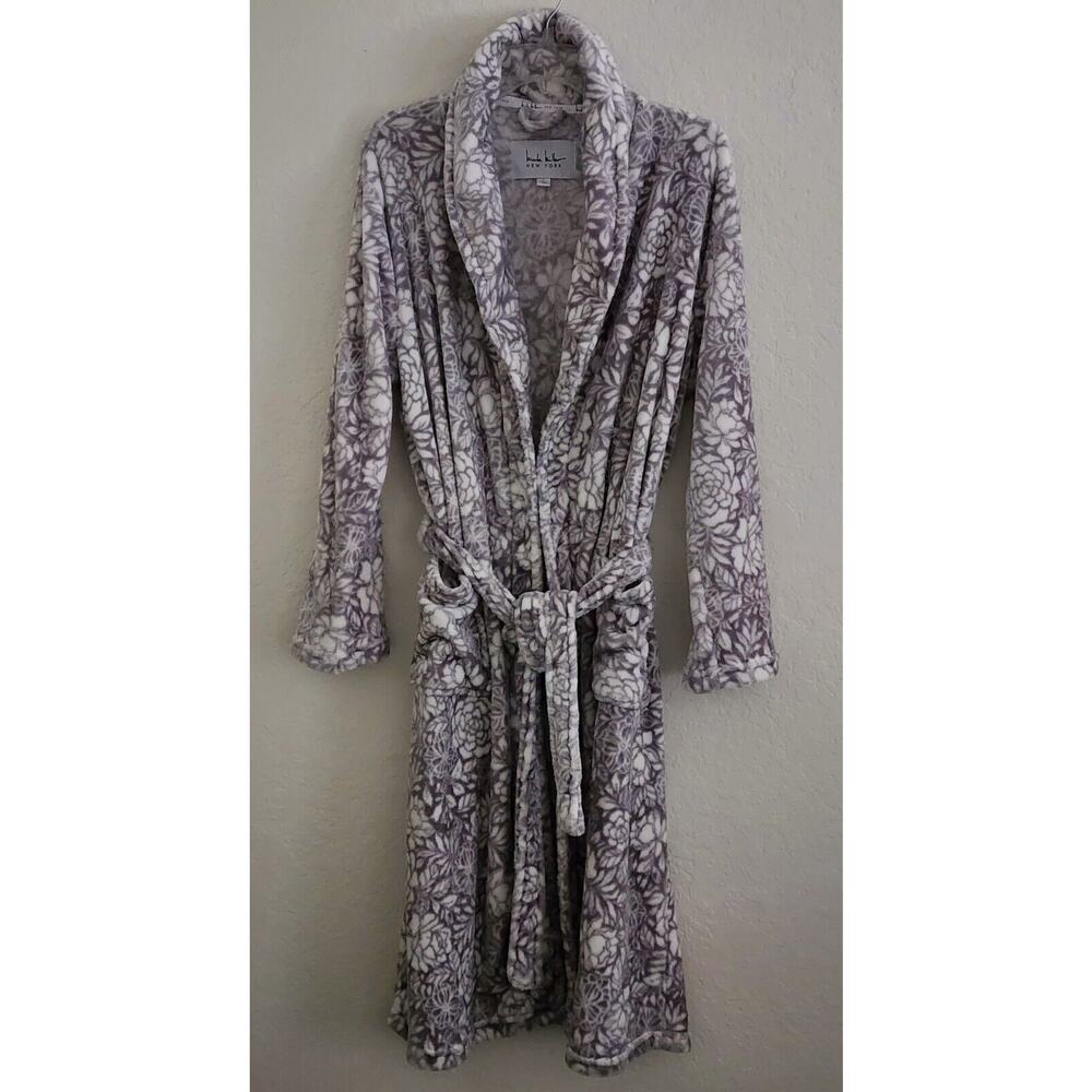 Robe-Nicole Miller-Gray White-Tie Closure-Soft-Plush-Knee Length-Size LRG